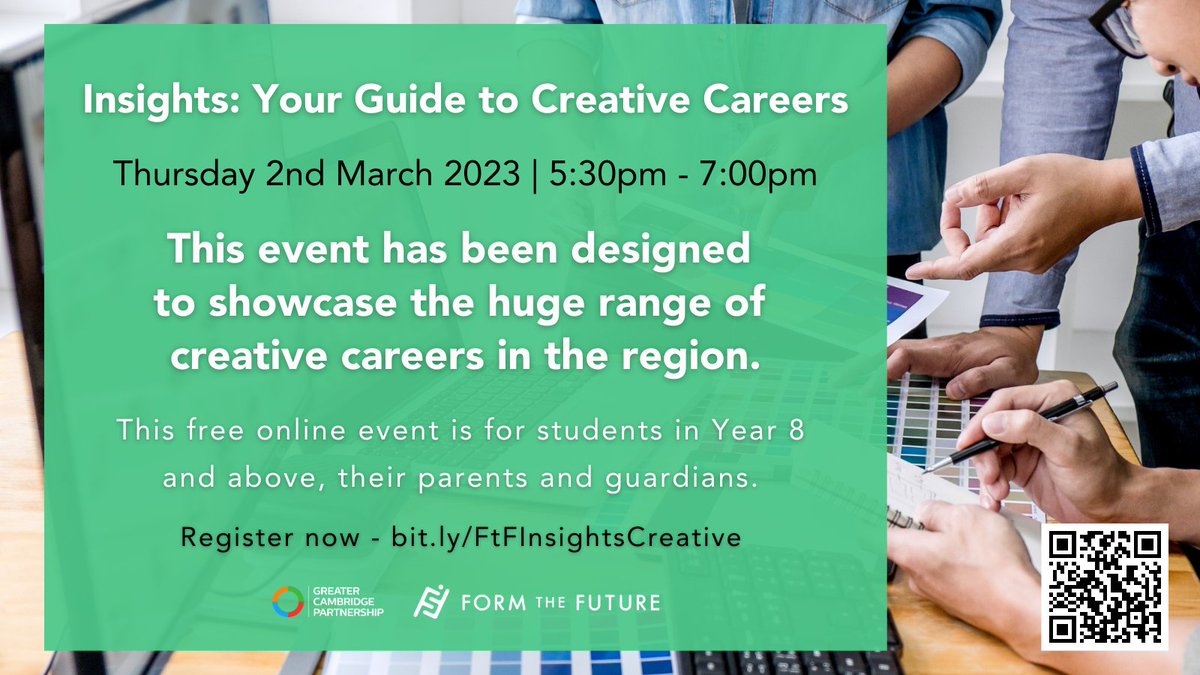 form_future's tweet photo. Do you know a young person interested in a creative career?
Join us on 2nd March for our free virtual event showcasing our region's huge range of creative careers.
This event is for students in Year 8 & above - parents & guardians.
Sign up for free - https://t.co/b7AHLBtlbQ https://t.co/Oa5AYv0LkV