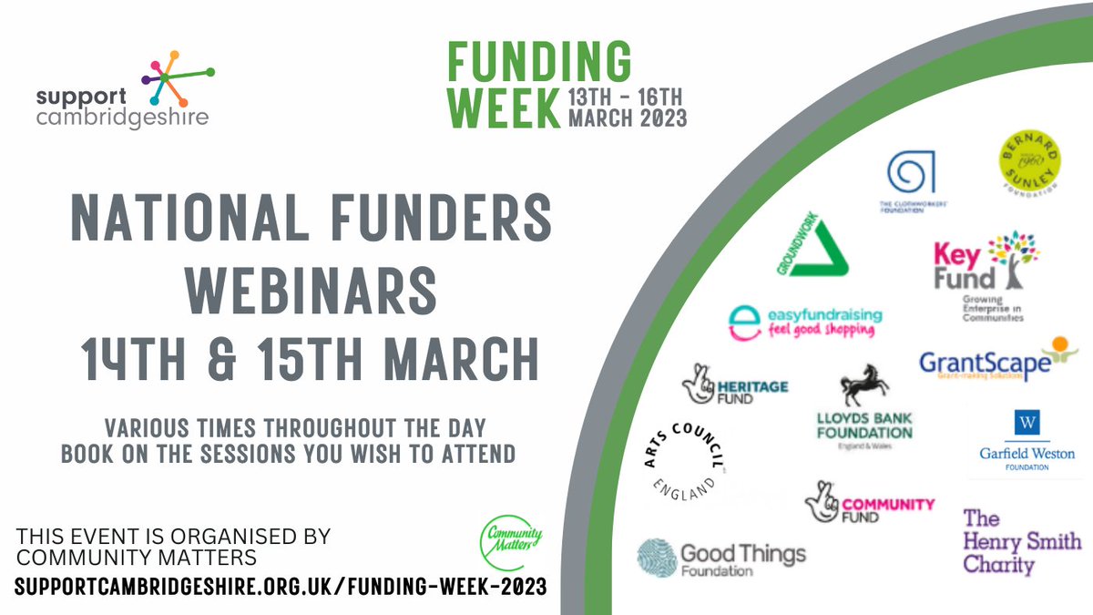 Calling community groups in #Cambridgeshire 📢. The Support Cambridgeshire Funding Week is taking place from 14-16 March. Funding officers from @TNLComFund will be on hand to talk about how to apply for funding for your organisation. Find out more 🔽. supportcambridgeshire.org.uk/training/fundi…