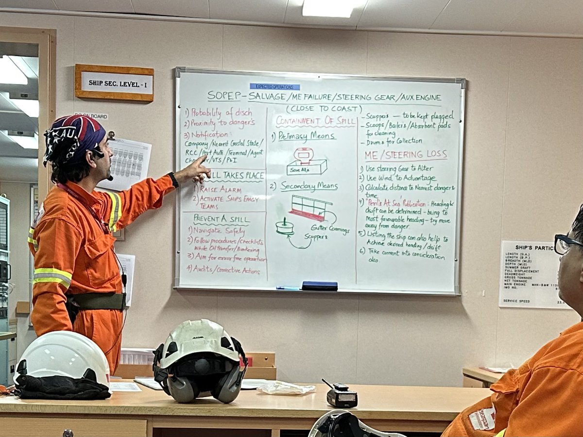 sagarotarak's tweet photo. Held n interesting training session onboard today. Emphasised on actions 2 take in case of spillage
Priority should be given to:
Assess d health & safety aspects
Containing spill onboard
Identify location of spill & stop further spill #SOPEP #seafarers #merchantships #safetyfirst https://t.co/5DaCjg0PVe