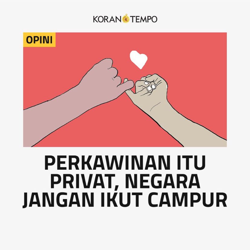 Tempo_Plus's tweet photo. Akhir Januari lalu, MK menolak uji materi terhadap Pasal 2 ayat (1) UU Nomor 1 Tahun 1974 tentang Perkawinan, yang melarang perkawinan beda agama. #KoranTempo https://t.co/tDFGO6yFMa
