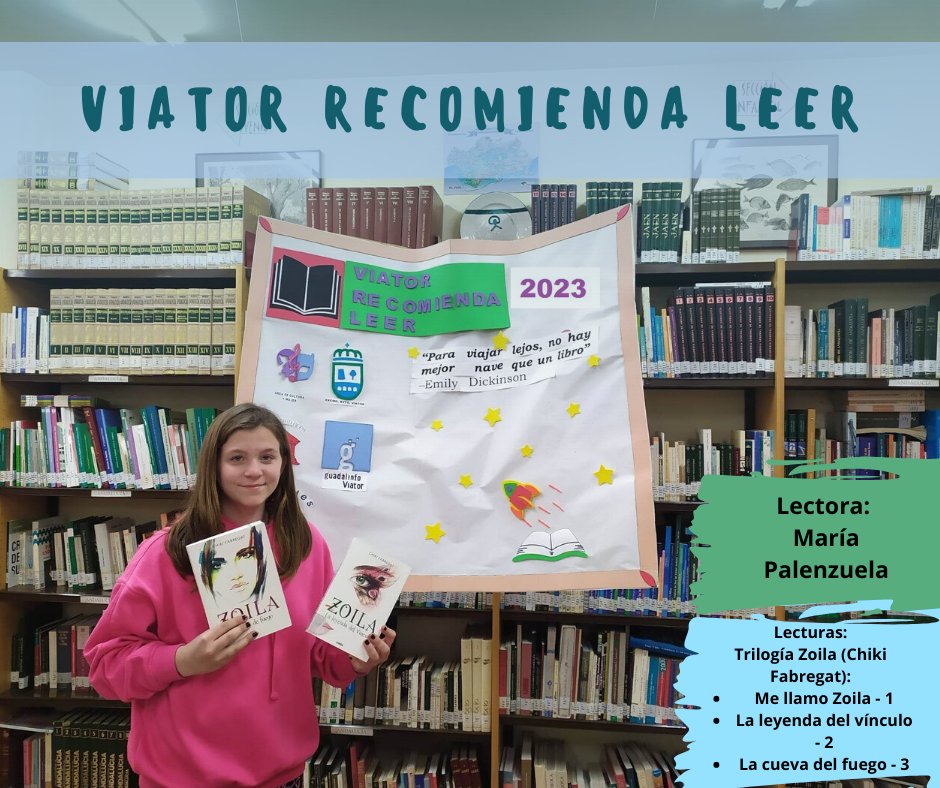 ‼️‼️‼️ Viernes de #ViatorRecomiendaLeer   

 👧👧 La recomendación lectora de hoy es de María Palenzuela.    

📢📢 Trilogía “Zoila” de Chiki Fabregat.

  📗📘 ¿Y tú? ¿Qué lectura nos recomiendas para este fin de semana?

<a href="/ManuelJAlcalde/">Manuel Jesús</a>
<a href="/culturaviator/">CulturaViator</a>
<a href="/viatoraldia/">Ayuntamiento de Viator</a>