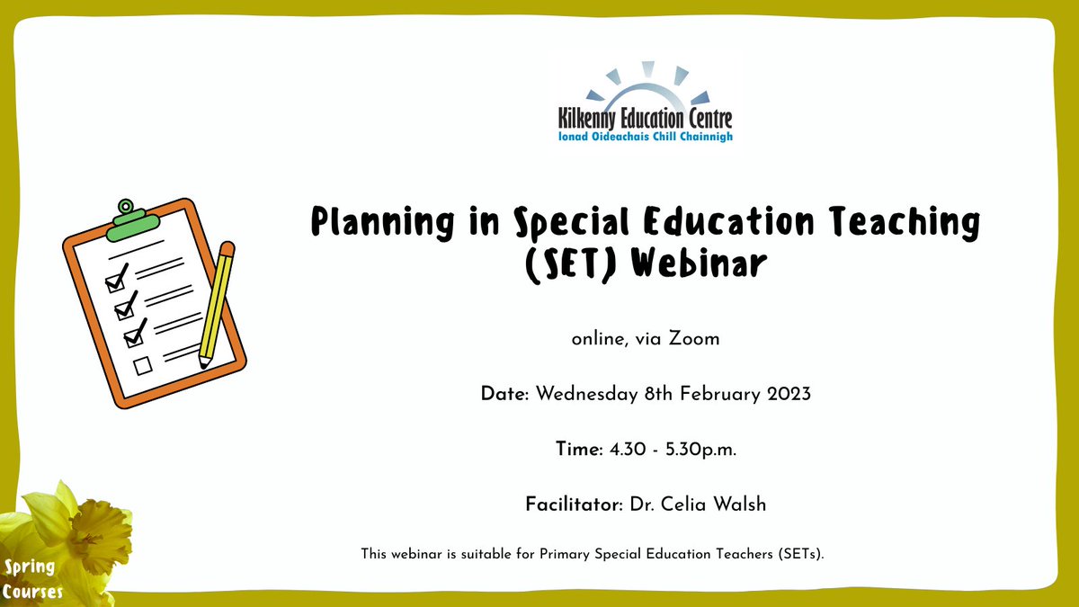 eckilkenny's tweet image. 2⃣ Wednesday 8th February 2023
&apos;Planning in Special Education Teaching (SET) Webinar&apos;
🔗 Further details and booking via the Centre website here; eckilkenny.ie/coursebooking-… #SpringCourses #edchatie (2/3)