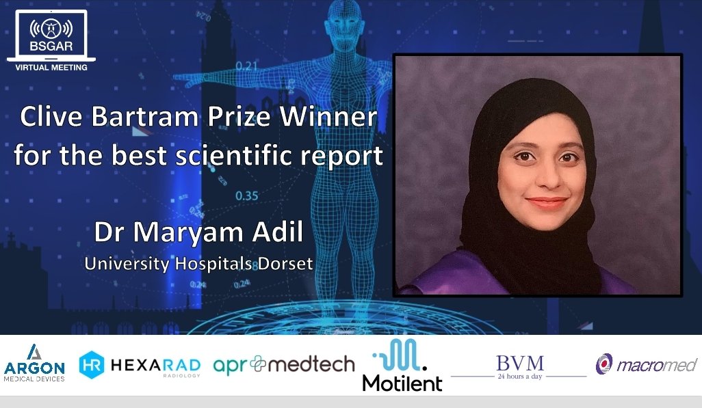 Congrats to Maryam Adil for winning the Clive Bartram prize for the best scientific report! 🥳🥳🥳 #BSGAR2023 @BSGAR_UK Catch up on Maryam's presentation on ERUS staging via the virtual platform.