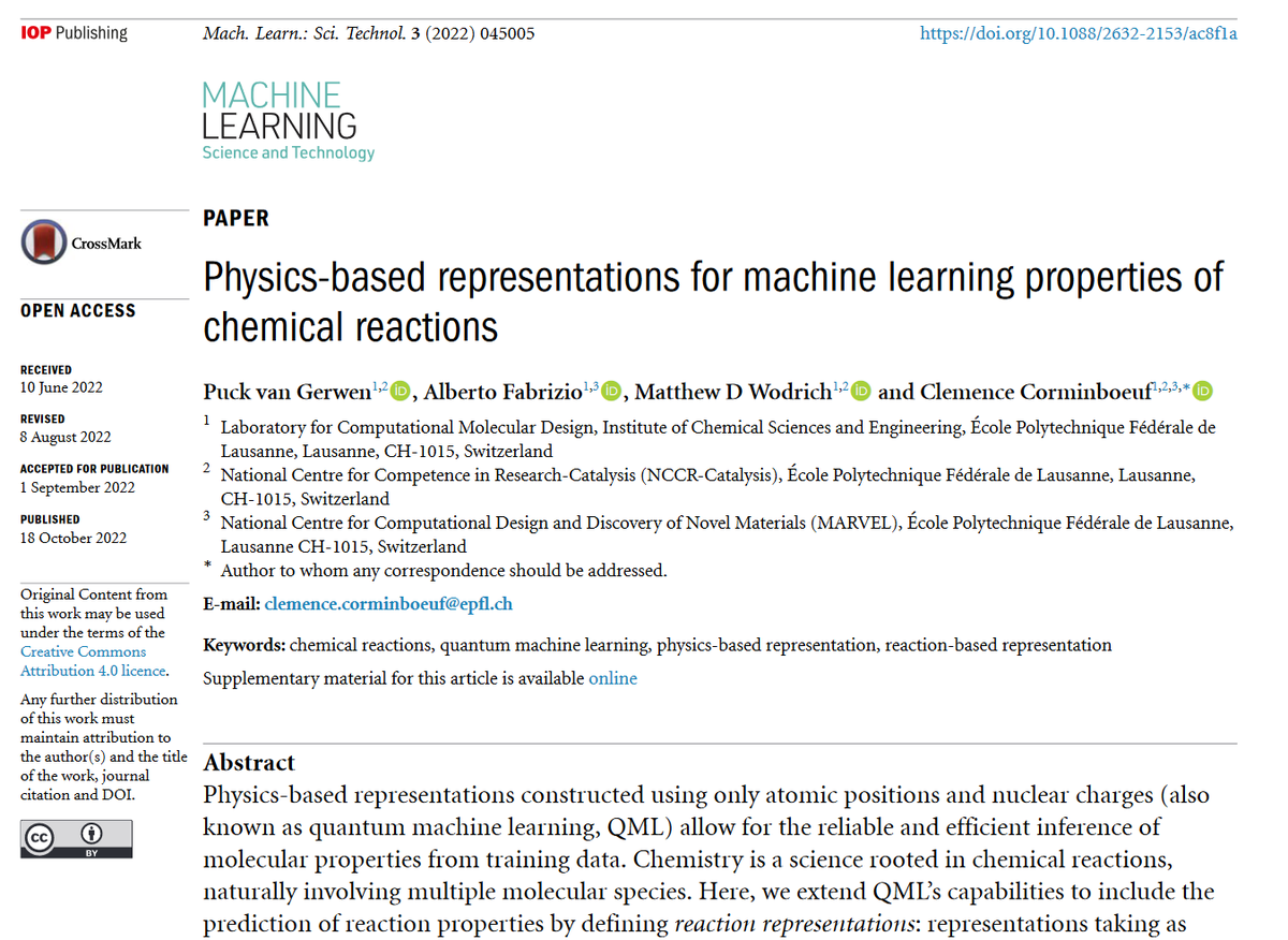 NOW >3000 DOWNLOADS!🥳 '#Physics-based representations for #machinelearning properties of #chemicalreactions' by @puckvg @albertfabriz @mdwodrich @corminboeuf_lab @NCCR_Catalysis @nccr_marvel @epflSB @EPFL_CHEM_Tweet bit.ly/3s5Ohn4 #compchem #AI #catalysis #quantum #HPC