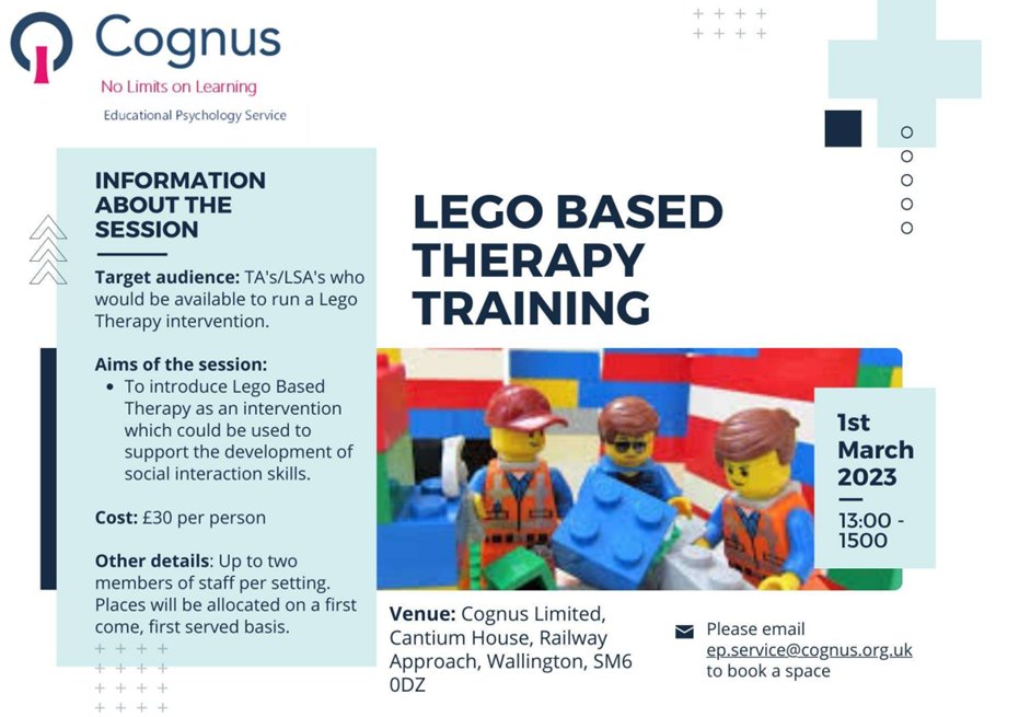 SIASS (@sutton_iass) on Twitter photo Lego-based Therapy Training – 1st March at Cantium House for £30. This will be an opportunity for TAs and LSAs to develop training skills on leading this type of intervention to support social interaction skills. Please email ep.service@cognus.org.uk to book a place! Lego-based Therapy Training – 1st March at Cantium House for £30. This will be an opportunity for TAs and LSAs to develop training skills on leading this type of intervention to support social interaction skills. Please email ep.service@cognus.org.uk to book a place!