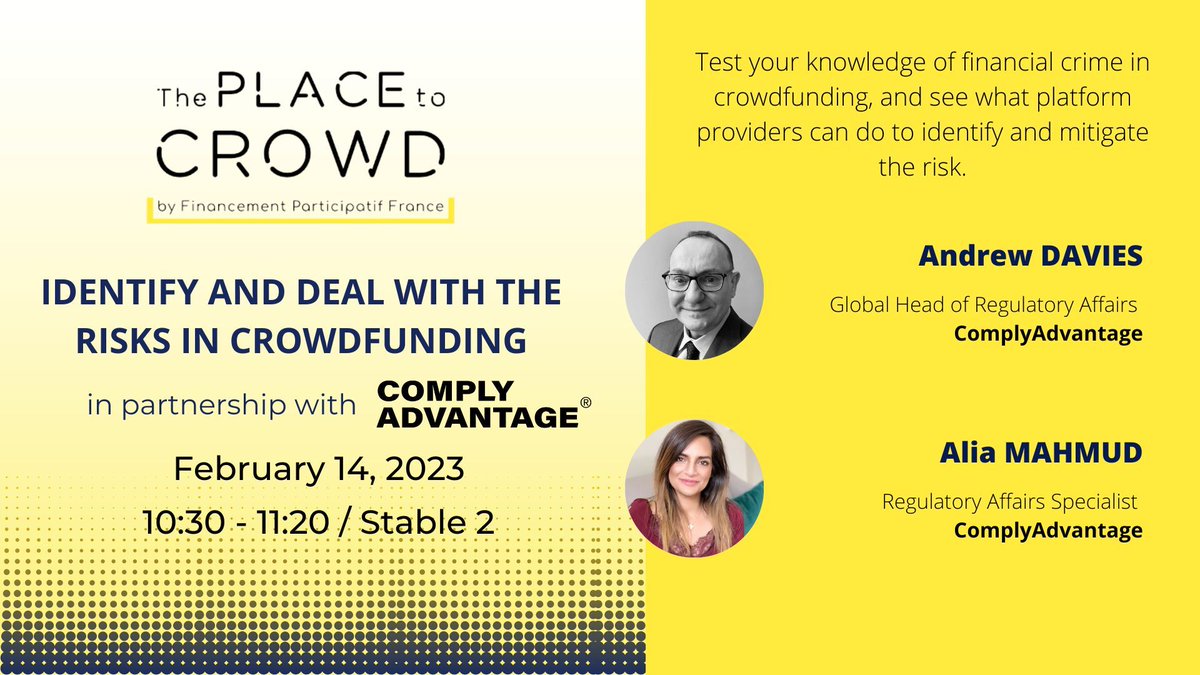 🗓 Attending The Place to Crowd?

🔜 Join our Global Head of Regulatory Affairs, Andrew Davies, and our Regularity Affairs Specialist, Alia Mahmud, at stable 2 for a workshop on financial crime in crowdfunding. 

👉okt.to/Lasb0v