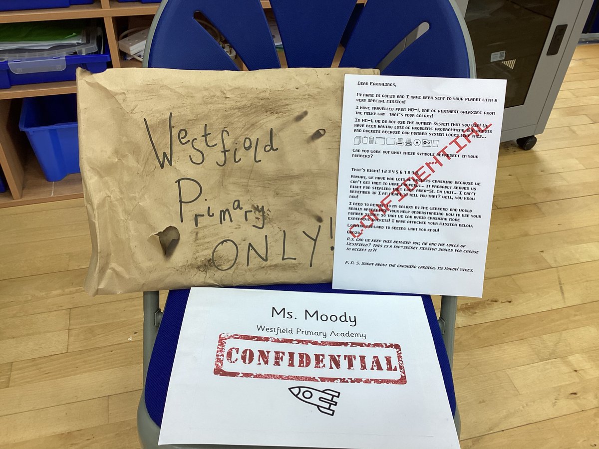 Westfield_PA's tweet photo. Crash landing at Westfield this morning! An unidentified object, containing a letter for WPA, was found in the crash site. All the children are working on challenges to help ‘Gonzo’ the alien master numbers! @UnitySchoolsP @NSPCC @SamWardAcad https://t.co/gCUYN6fZu6