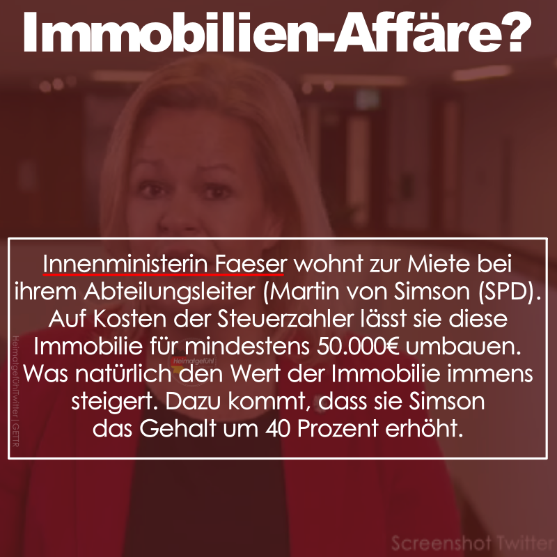HeimatliebeDE's tweet photo. Faeser wohnt bei Martin von Simson (SPD) zur Miete. 
Lässt von Steuergeldern für mindestens 50.000€ die Immobile umbauen und erhöht dann noch Simsons Gehalt um 40 %.

Unfassbar. 

 #Faeser #FaeserRuecktritt https://t.co/RrA60jsEEs