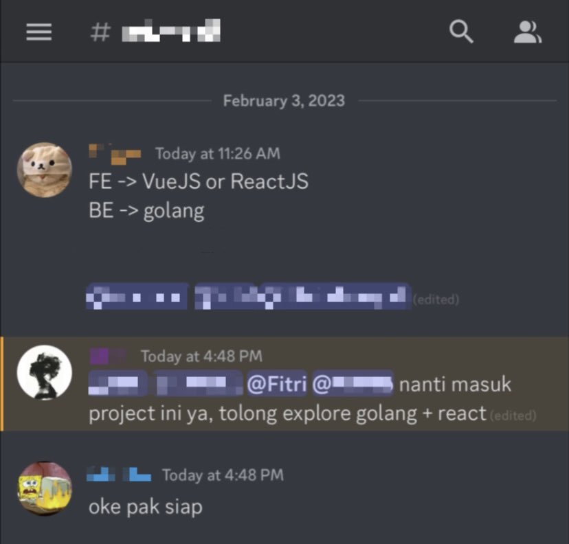 fifiyuu's tweet photo. Bismillah deh yaa… Exciting &amp; thrilling at the same time, golang react 🫠😐 *degdegan* https://t.co/l8iNlxKm7n