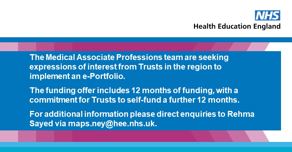 📢 Calling all Physician Associate secondary care employer leads in NEY.

The Medical Associate Professions team are seeking expressions of interest from NHS Trusts in the region to implement an e-Portfolio. 

Apply via this link before 5pm on Fri 10 Feb: orlo.uk/Chy3z