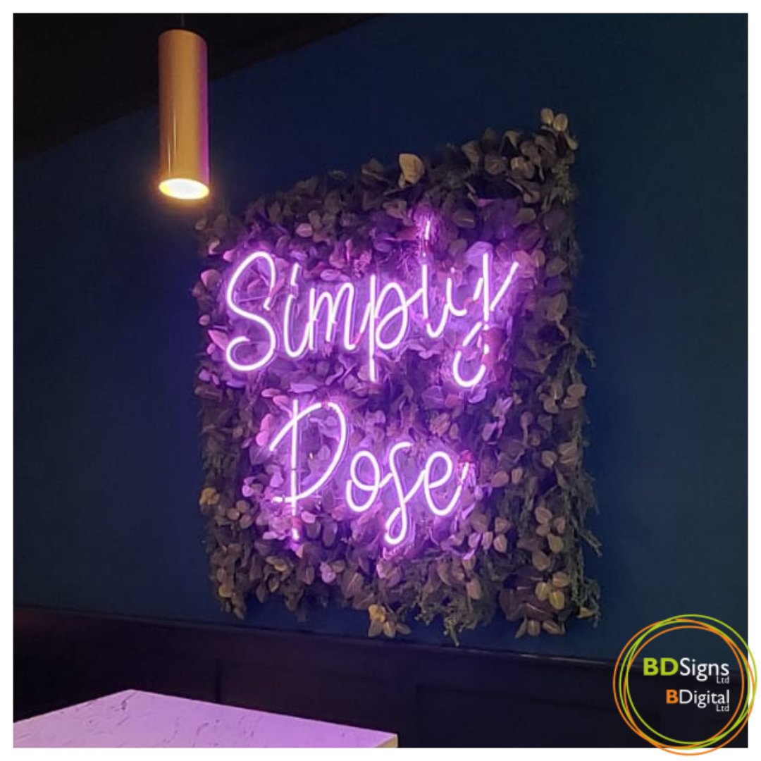 Simply stunning signage for Simply Bridget cocktail bar! We designed and installed the bespoke illuminated external signs and also an insta-worthy Simply Pose neon sign set against an on-trend leaf backdrop. Call us: 0115 979 4330. #neonsigns #neonsignage #signrefit #signshop