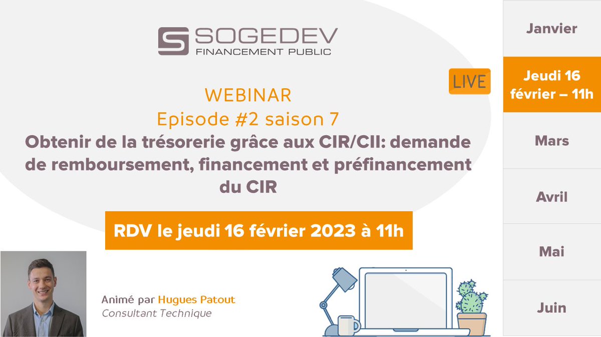 📽[#WEBINAR] RDV jeudi 16 février pour le deuxième épisode de notre série de webinars 2023.
🔶 Sujet du jour: obtenir de la trésorerie grâce à son CIR/CII: 

C'est par ici pour les inscriptions 👉 register.gotowebinar.com/register/37264…