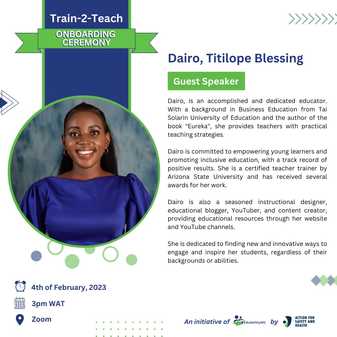 HsePreach's tweet photo. The Teach-2-Train program will kick off tomorrow.
We are happy to have Dairo Titilope Blessing share her experience in developing engaging learning environments and content, which they will use in delivering and teaching children health and safety
#train2teach
#Edusafety https://t.co/5yc3OvOapD