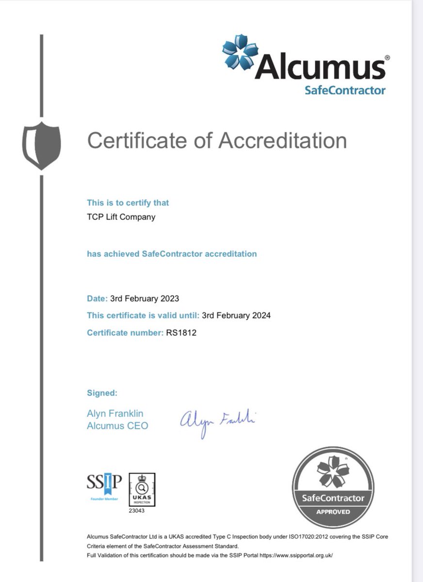 Company Name: TCP Lift Company
Membership Number: RS1812

Following your annual audit with SafeContractor this year, I am pleased to confirm that you have achieved Accreditation!
Congratulations on your achievement!
