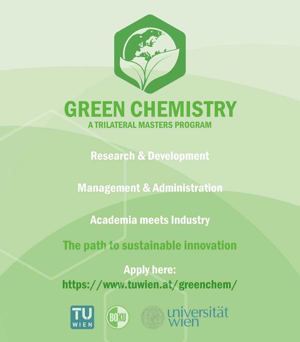 Registration for the Green Chemistry Master's program for the academic year 2023/24 is open from April 1 to May 15, 2023. #tu_wien #BOKUvienna #univienna 
#GreenChem_TUW #greenchemistry