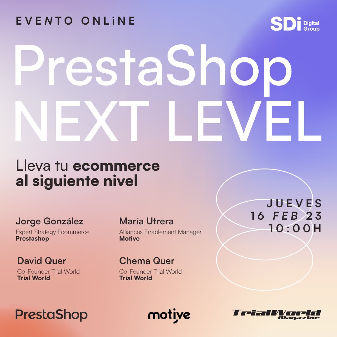 Vuelve PrestaShop Next Level‼️

🗣️ Y lo hace de la mano de ponentes de lujo!

¿Te lo vas a perder? ¡Reserva tu plaza aquí! 👇

sdi.es/eventos/presta…

#prestashop #motive #evento #webinargratuito
#ecommerce #marketingautomation #growth #b2b #DigitalizaciónReal #SDiDigitalGroup
