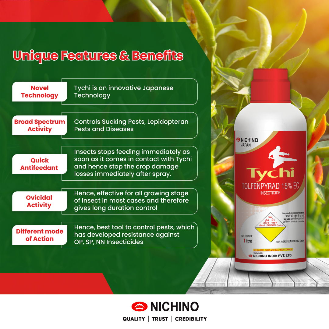NichinoIndia's tweet photo. Tychi - The Genuine All-Rounder.
Tychi is an innovative Japanese technology, A novel broad spectrum Pesticides

#NichinoIndia #Tychi #Chilli #Crops #aphids #thrips #farmers #agriculture #cropprotection https://t.co/bBByft6Fyx