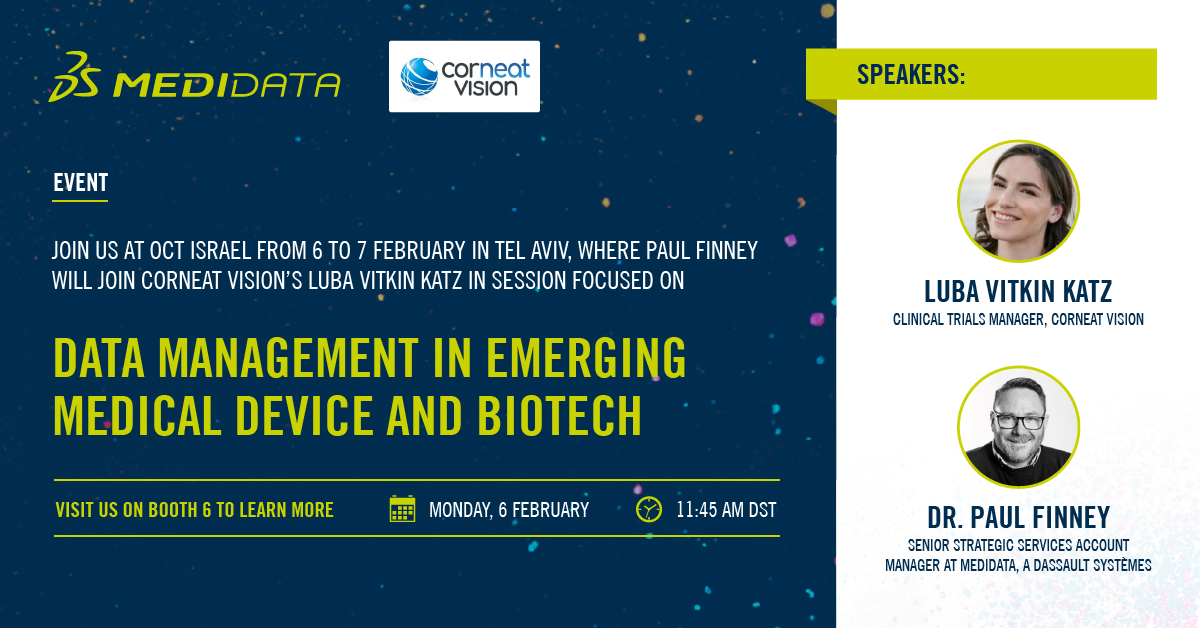 Medidata's tweet photo. Join us at #OCTIsrael from 6–7 Feb in #TelAviv! Medidata's Paul Finney will join CorNeat Vision’s Luba Vitkin Katz in a mainstage session on #DataManagement in Emerging #MedicalDevice & #Biotech. Visit them at booth #6 & register today: https://t.co/Inr0DewAvn https://t.co/Ss6yRAbeOi