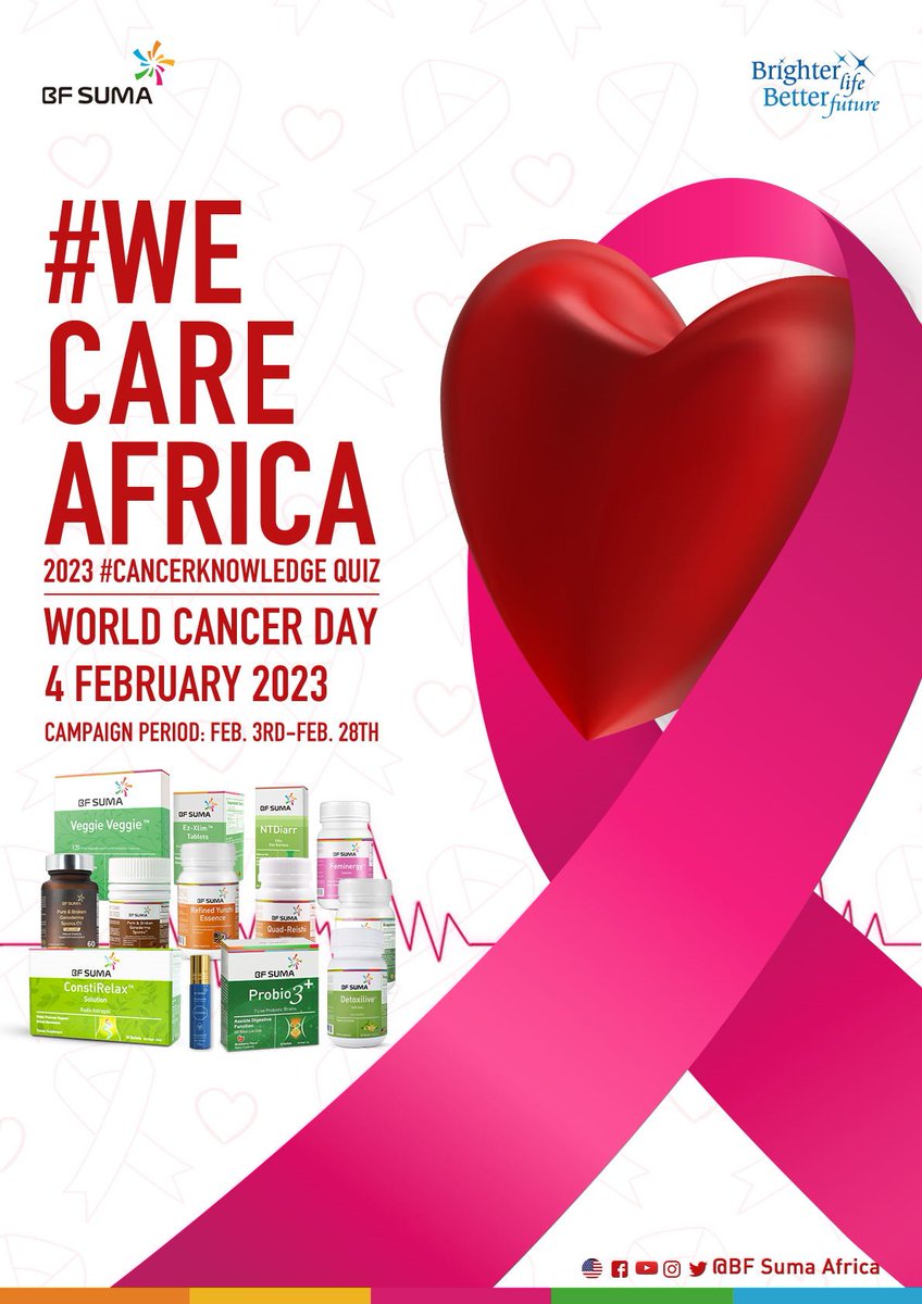 BFSumaAfrica's tweet photo. #WeCareAfrica
Did you know that 4 February is World Cancer Day?
Join the BF Suma #Cancerknowledge quiz and spread cancer knowledge.
For every share, BF Suma will donate $𝟏 to support people living with cancer in Africa.
#BFSuma #cancerknowledge #cancer #donation #worldcancerday https://t.co/6OqDlLiIAl