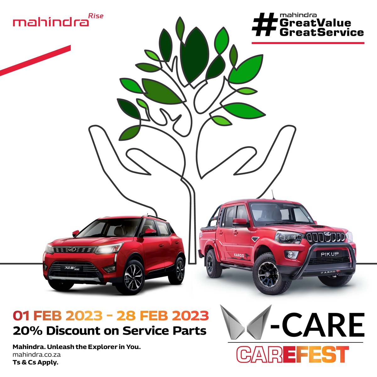 Mahindra_SA's tweet photo. This February, Mahindra owners can drop by their local Mahindra dealer for a complementary 30-point check-up of various safety, wear-and-tear and mechanical items.
You also get 20% discount on all service parts for all vehicles serviced in February.
#GVGS #MahindraSA #CareFest https://t.co/v4r0OAdL9c