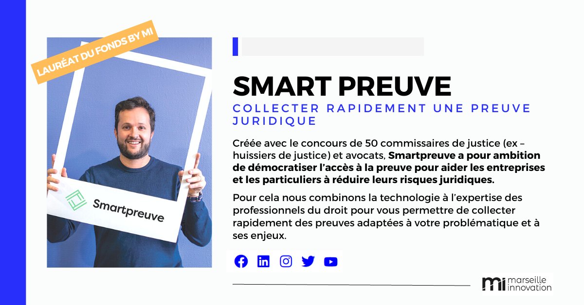 🚀𝗦𝘁𝗮𝗿𝘁𝘂𝗽 - Et nous vous présentons <a href="/Smartpreuve/">Smartpreuve</a> qui a rejoint la team des MIStartup via notre Fonds d'#Innovation by MI  !

Collecter rapidement une preuve #juridique ! 👩‍⚖️

🌐Pour en savoir + sur les startup que nous accompagnons : marseille-innov.org/nos-startup/