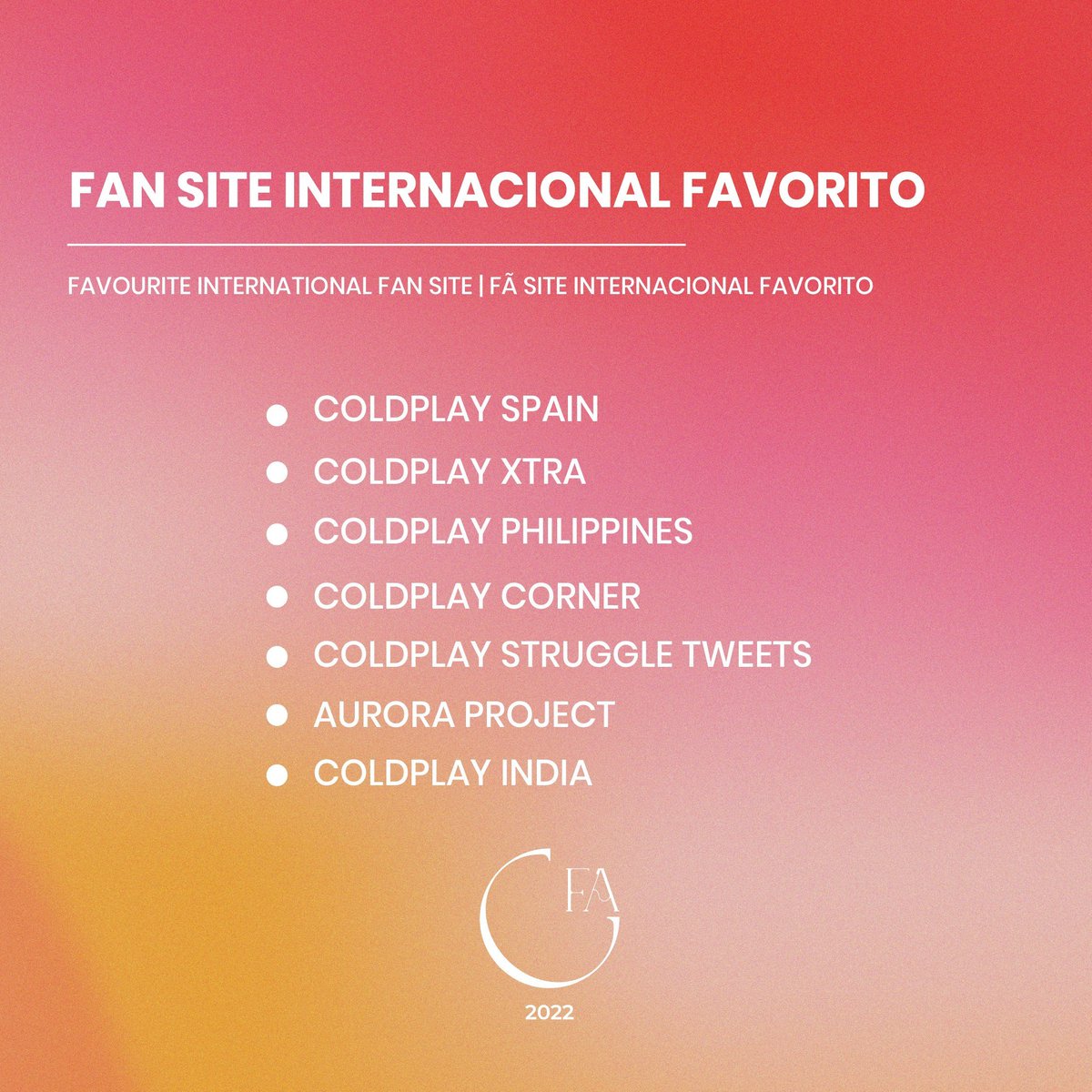 ColdplayCorner's tweet photo. 🇫🇷 Bonjour amis #Coldplayers, n'oubliez pas de voter pour #ColdplayCorner, qui est nominé dans la catégorie 'Meilleur Site de Fans International de l’année' aux #CFAwards.
Votez ici👉 https://t.co/g2KERk9kbK
Merci/Thanks 🙏
#CFA2022 https://t.co/YBJHbHtowD