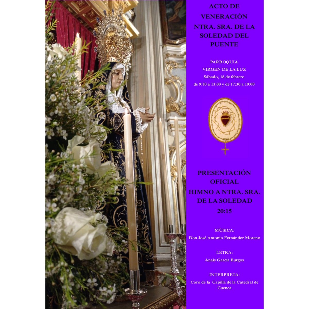 Por fin llegó el día en el que podemos anunciar este cartel.

Os esperamos a todos/as para:

La Presentación Oficial del  Himno a Ntra.Sra DE LA SOLEDAD DEL PUNTE.