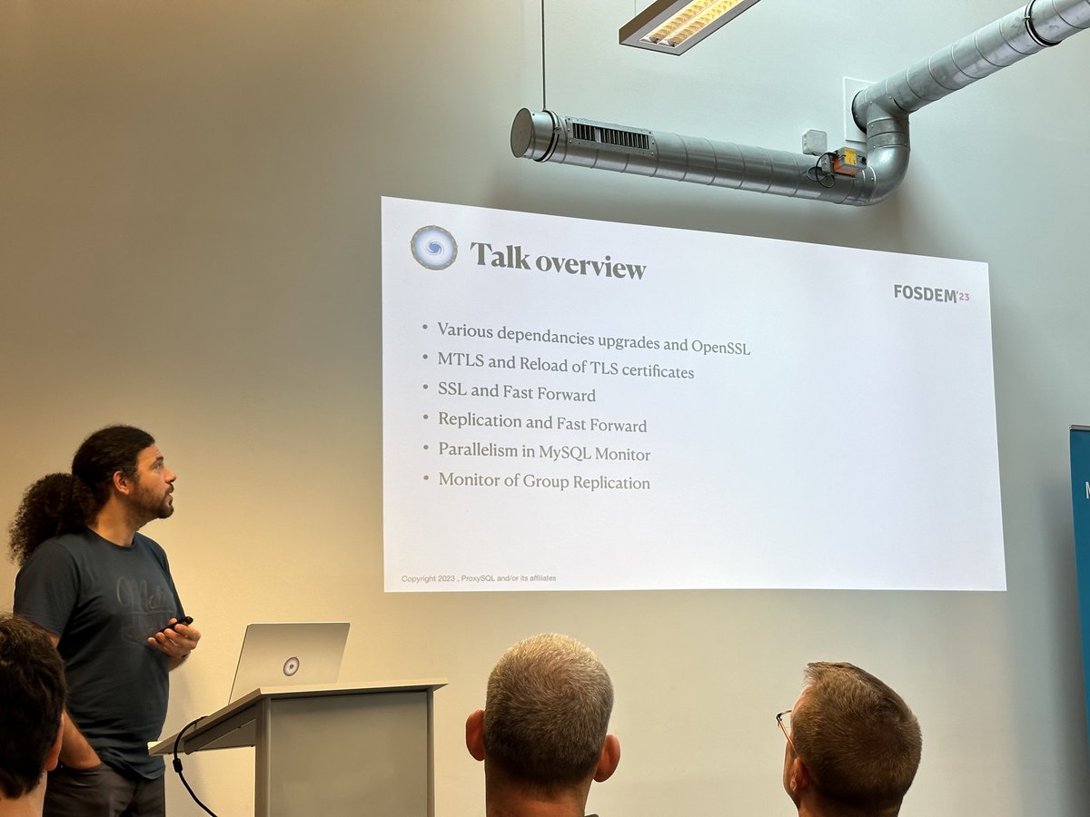 _digitalknight's tweet photo. Attending a session with @rene_cannao @proxysql regarding the new features in ProxySQL 2.5. #mysqldays #fosdem2023 https://t.co/yE5Gx57Qvx