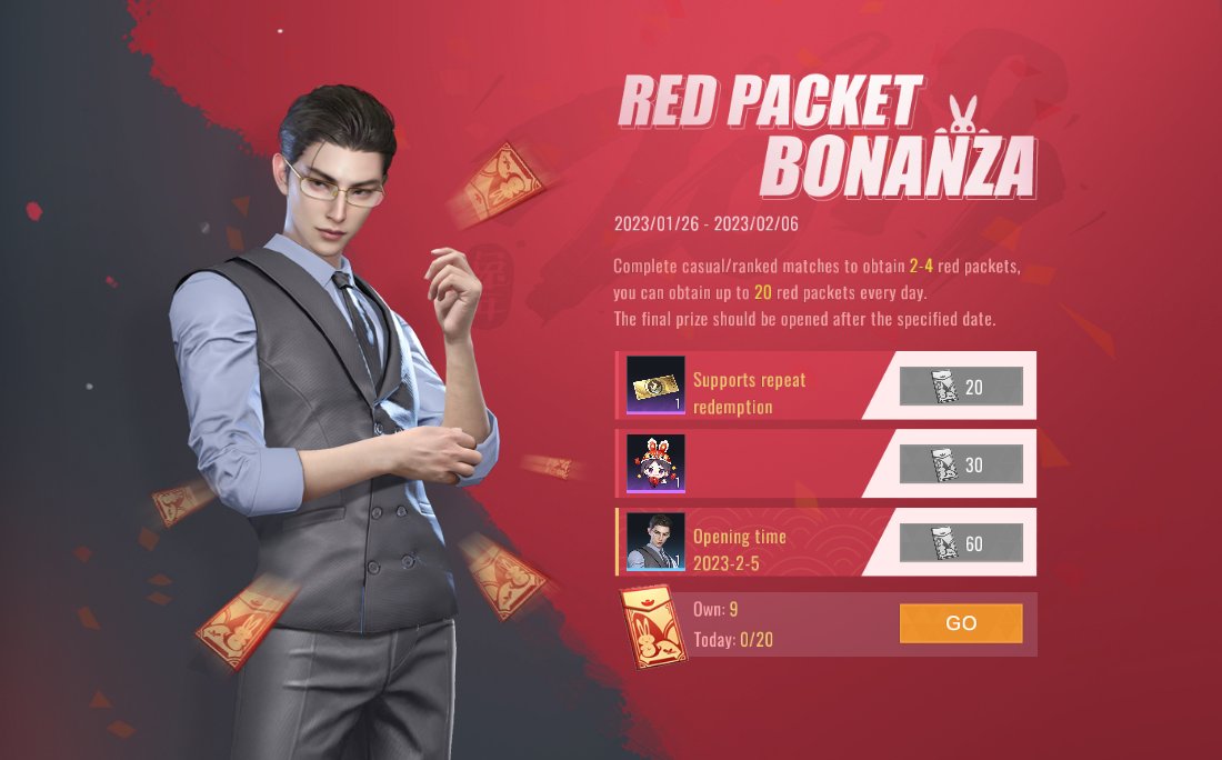 missionzero_EN's tweet photo. Hey investigators,

Accountant’s rare skin「Gentleman’s manner」has been unlocked today. You can use 60 red packets to redeem this skin until Feb.6th. 

[How To Claim]
Click the "EVENTS" button in the lobby -->Enter Red Packet Bonanza --> Use red packets to exchange for the skin. https://t.co/Nfw0ndvPCe
