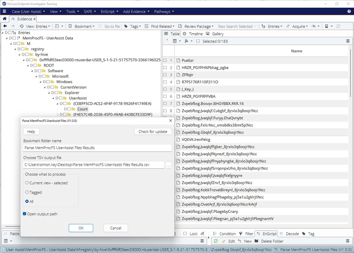 SimonDCKey's tweet photo. V1.0 of the #EnCase Parse #MemProcFS UserAssist Files #EnScript now available:
https://t.co/7gBWFzzCpk
#DFIR #InfoSec #CaseAutomation #CustomWorkflows @OpenText https://t.co/77E7enWEGp