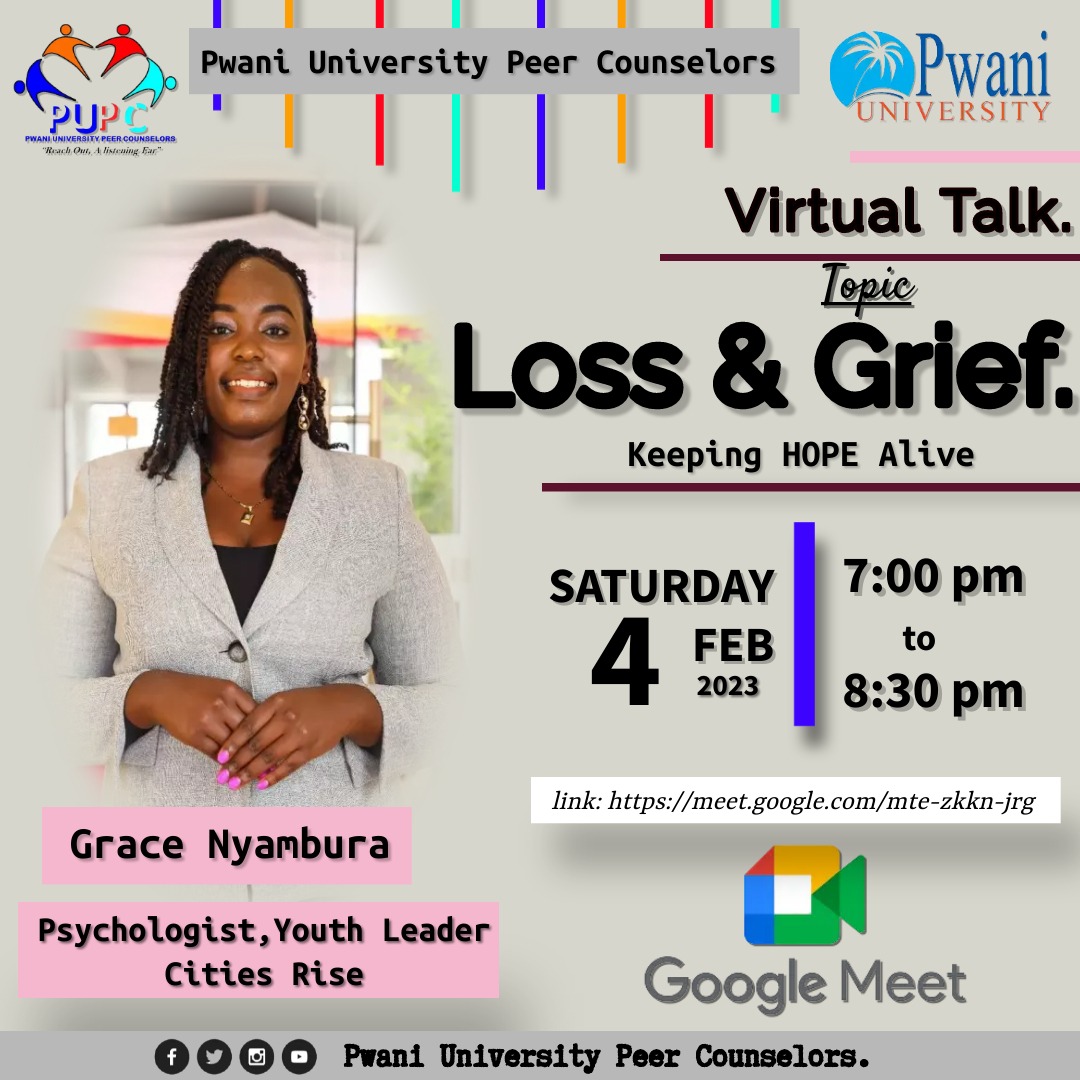 Join us Tomorrow 4th February 7pm-8:30pm as we host @grace_sybille who will be sharing on Loss and Grief and in extension about keeping Hope alive.
@DFHRC @Afya_360 @Yvai_org
@KilifiG @MariakaniY
@kilifi_youth 
@PU_Kilifi 
#myhopemypride 
#PwaniUniversity 
#KeepingHopeAlive