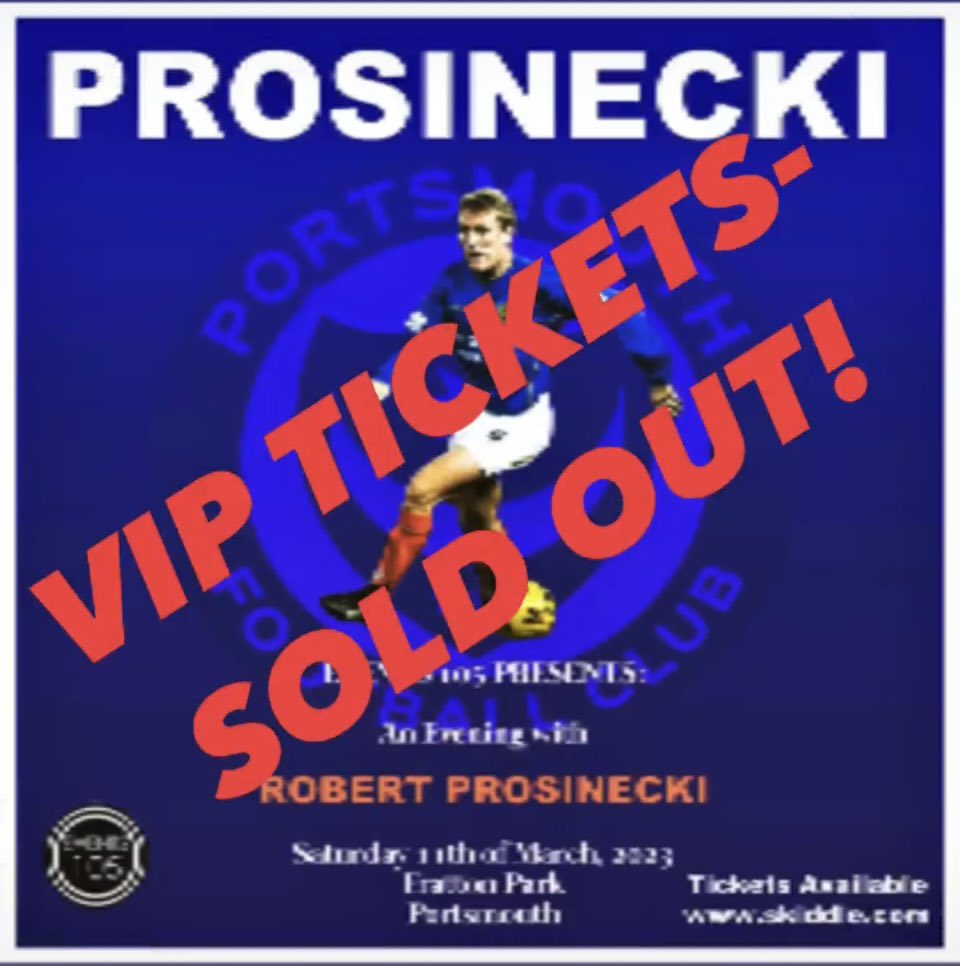 VIP TICKETS-SOLD OUT!!
Standard tickets selling fast .. DO NOT MISS OUT 💙 <a href="/Pompey/">Portsmouth FC</a> <a href="/portsmouthnews/">The News, Portsmouth</a> <a href="/mrgtipp/">Gary Tipp</a> <a href="/PompeyHistory/">PompeyHistorySociety</a> <a href="/visitportsmouth/">Visit Portsmouth</a> <a href="/PO4cast/">PO4cast - Pompey Podcast for PompeyNewsNow🎙</a> <a href="/PompeyNewsNow/">PompeyNewsNow🎙PO4cast</a> <a href="/PompeyTrust/">Pompey Supporters' Trust</a> <a href="/RobertProsinek2/">Robert Prosinečki</a> <a href="/PompeysBlues/">Pompey's Blues</a>