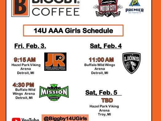 Game #1 for the Biggby 14U girls at Hazel Park Viking Arena this morning featuring #88 Mak Copeland!    Note arena is different for our second game.  Fire Up Girls!! #rollbeans #biggbyaaahockey