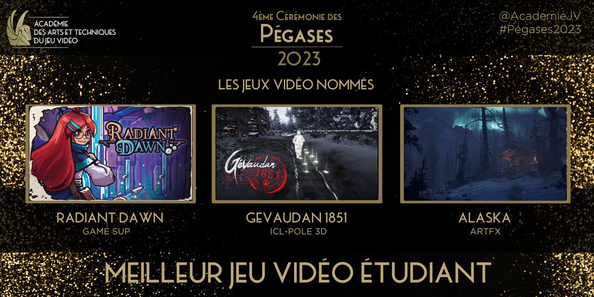 Aujourd'hui, l'Académie présente les nommés pour le prix du Meilleur Jeu Vidéo Étudiant des #Pégases2023 ! ✨
Pour rappel, les jeux vidéo lauréats de cette catégorie sont déterminés directement par le comité de pilotage qui fera ses retours aux étudiant(e)s.