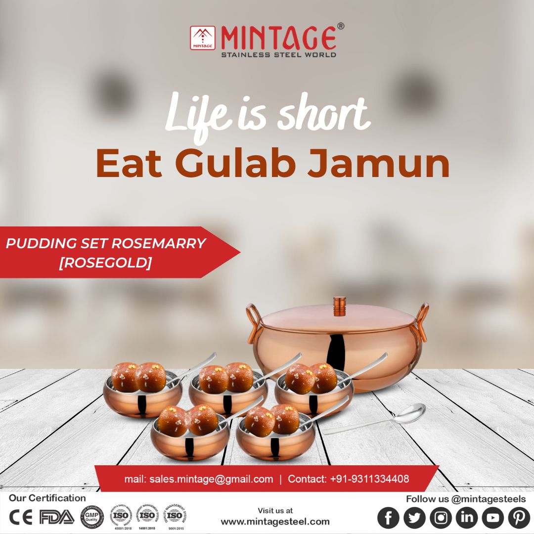 mintagesteels's tweet image. We believe dessert to be the most important meal of the day. Serve gulab jamun in the best mintage pudding set to finish the meal.

#puddingset #dessert #gulabjamun #sweets #sweettooth #dessertlove #kitchenware #bartan #diningset #guest #fridaymood #fridayvibes #mintagesteel