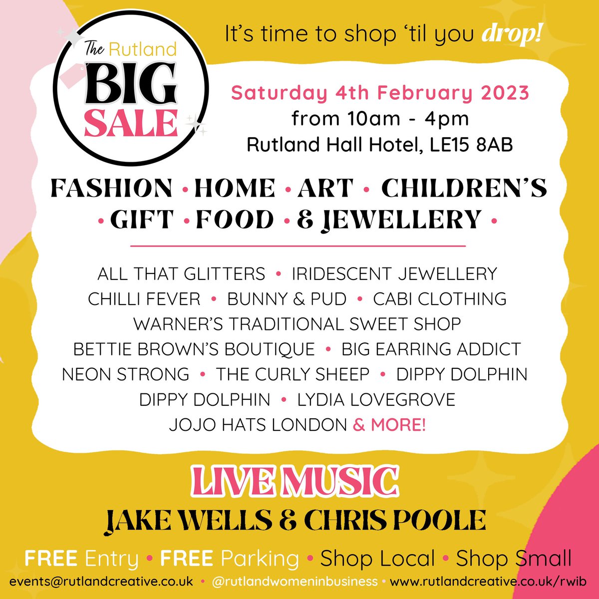 See you TOMORROW! ✨ #TheRutlandBigSale at @RutlandHallHotel 🛍️💖

Join us from 10am where <a href="/RutStamSound/">Rutland & Stamford Sound</a> legend @RobPersani will officially open the event before you can shop from OVER 40 small businesses until 4:00pm! 🙌🏻✨

With LIVE music from Jake Wells &amp; Chris Poole! 🎶🎸
