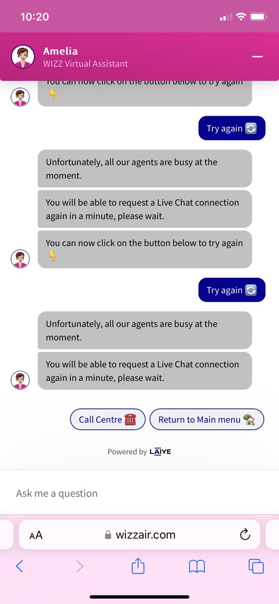 rubinoblu's tweet photo. @wizzair you have cancelled my flight (again). When I try to rebook I get an error message. When I try your chat I get ‘try again’. Your call centre charges extortionate fees. Can someone assist me urgently? You regularly change and cancel booked flights. It is a bad habit. https://t.co/a8haK9BSpP