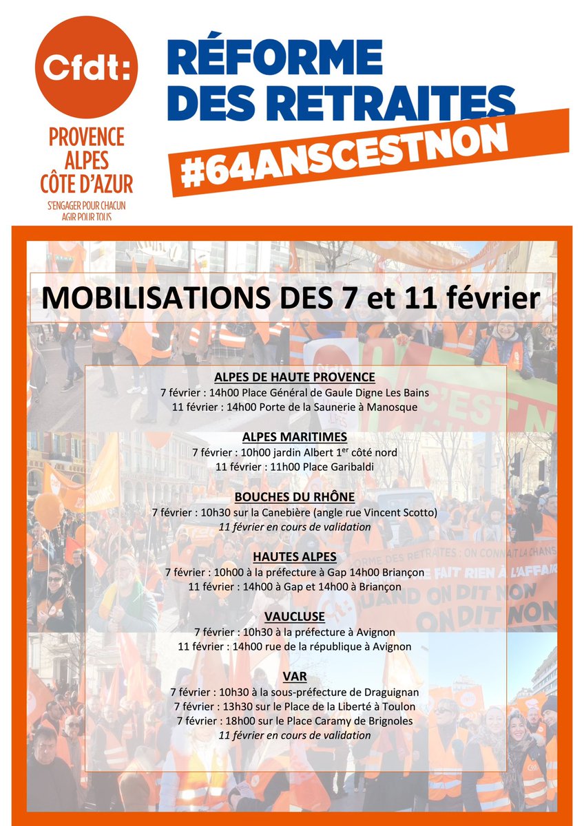 CFDTPaca's tweet photo. 🟠 #RéformedesRetraites | Après les rassemblements des 19 et 31 janvier, la @CFDT appelle à deux nouvelles manifestations les 7 et 11 février 👟 #64AnsCestNon !
Tous les points de RDV pour la région #PACA ici ⬇️ https://t.co/34uI2IxGxG