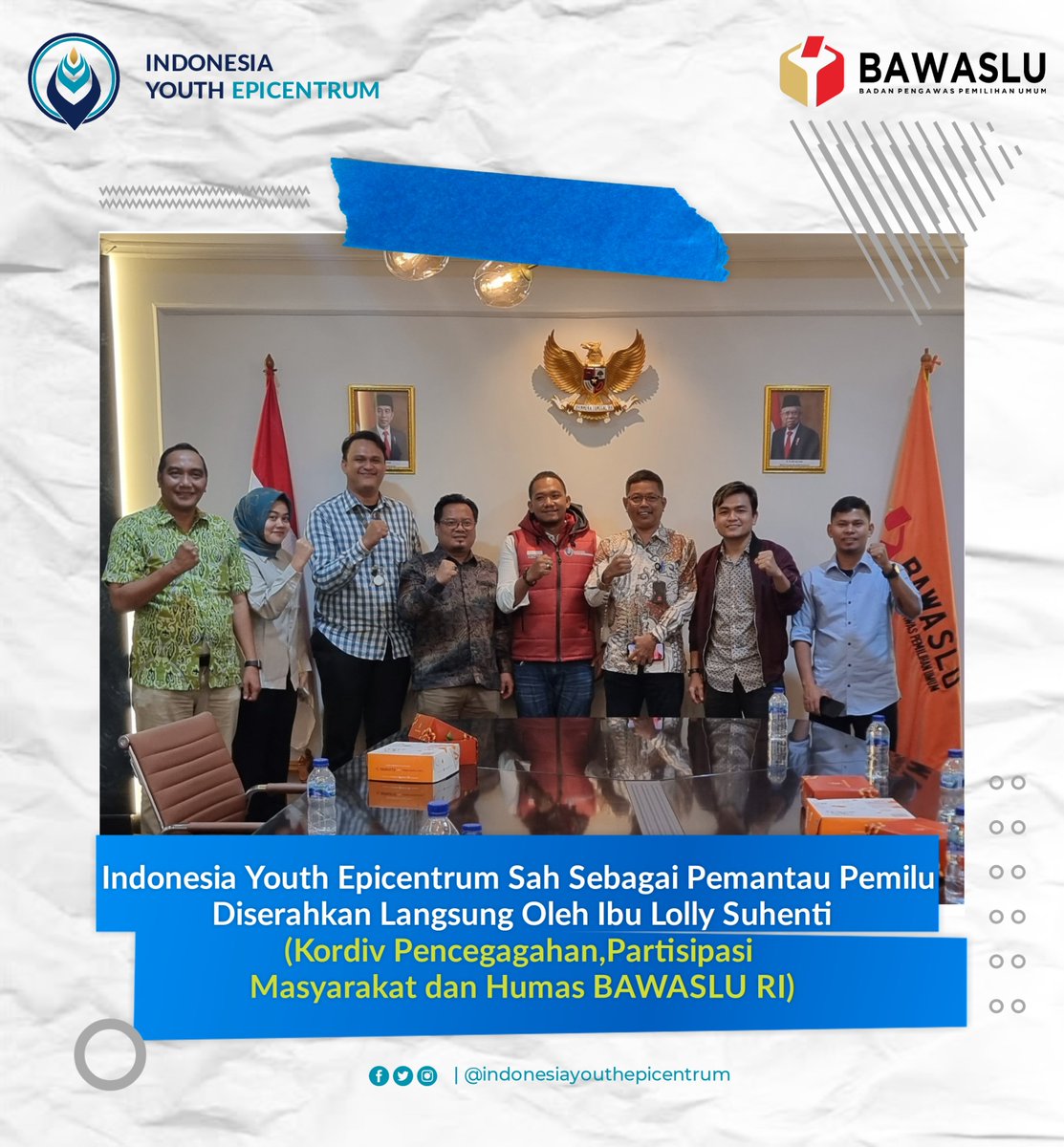 IYepicentrum's tweet photo. Indonesia Youth Epicentrum resmi terdaftar sebagai salah satu lembaga Pemantau Pemilu terakreditasi BAWASLU RI setelah serah terima sertifikat lembaga Pemantau Pemilu dengan Koordinator Divisi Pencegahan,Partisipasi Masyarakat dan Humas Badan Pengawas Pemilu RI Ibu Lolly Suhenti. https://t.co/gS3sNC8Dd5