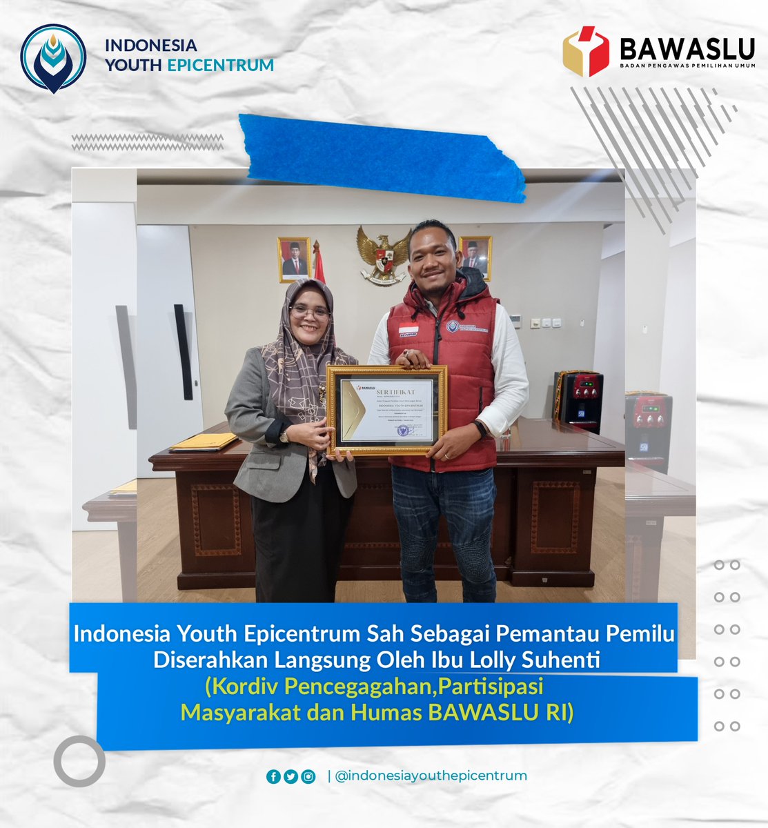 IYepicentrum's tweet photo. Indonesia Youth Epicentrum resmi terdaftar sebagai salah satu lembaga Pemantau Pemilu terakreditasi BAWASLU RI setelah serah terima sertifikat lembaga Pemantau Pemilu dengan Koordinator Divisi Pencegahan,Partisipasi Masyarakat dan Humas Badan Pengawas Pemilu RI Ibu Lolly Suhenti. https://t.co/gS3sNC8Dd5