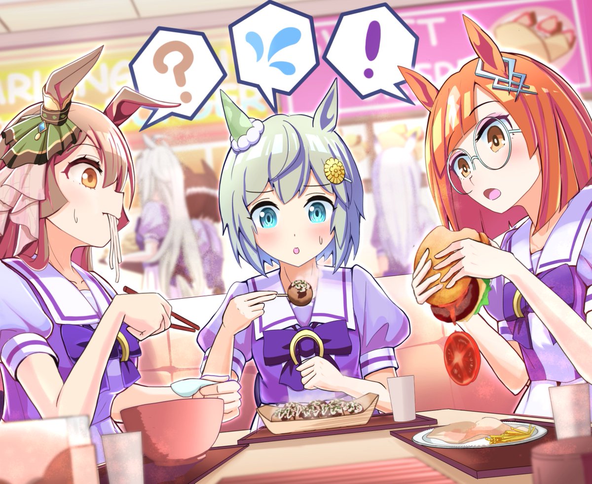 seiun sky (umamusume) multiple girls animal ears school uniform tracen school uniform food horse ears spoken exclamation mark  illustration images