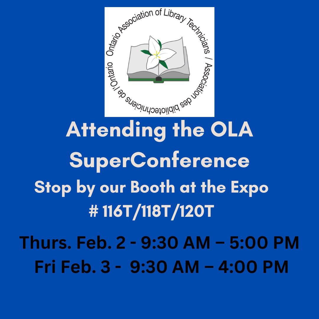 OALTABO's tweet image. Attending #OLASC -- Stop by our booth at the Expo # 116T/118T/120T, today from 9:30am to 4pm. Also chat with program representatives from the @AlgonquinColleg, @MohawkCollege and @SenecaCollege Library Technician Programs.  #oaltabo #librarytechnicians