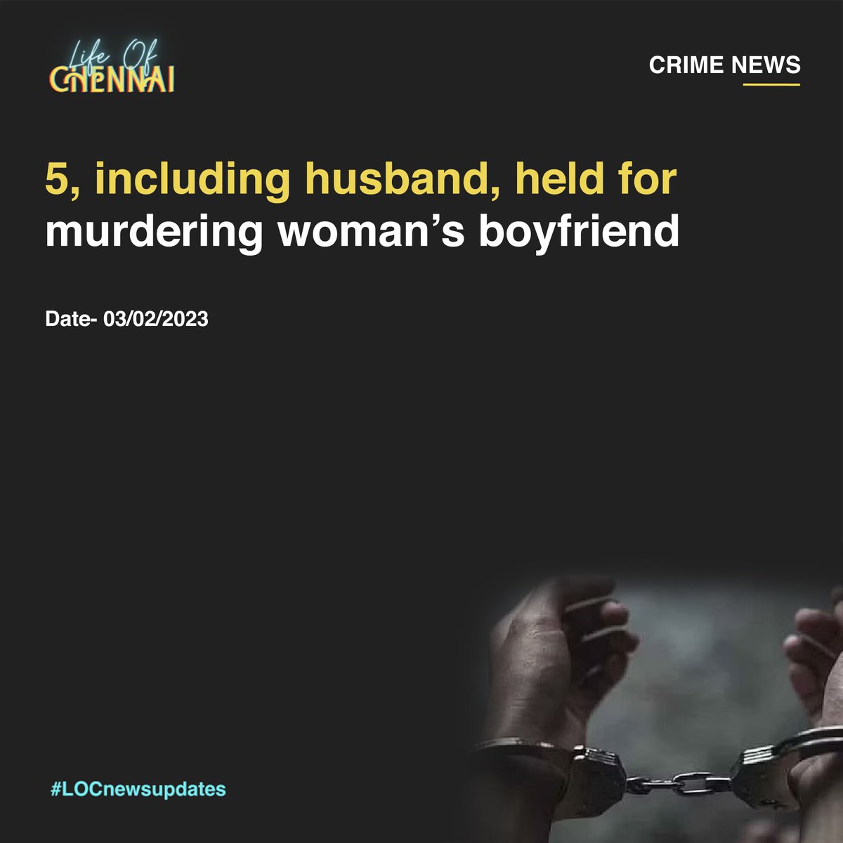 Lifeofchennaii's tweet photo. Three days after a 22-year-old man was hacked to death by his girlfriend's family in front of her eyes in Puzhal, police arrested five people, including the woman's husband

#chennai #chennainews #news #husband #wife #murder #death #lifeofchennai #idhuchennaimacha https://t.co/f7ZAOJlkpJ