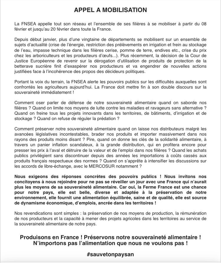 Qui sème la misère, récolte la colère! 

#sauvetonpaysan 

Tous concernés, 
 
⚠️Mercredi 8 février - Paris 🚜 

<a href="/JAregionIDF/">JA Région IDF</a> <a href="/FDSEAIDF/">FDSEA Ile-de-France</a> <a href="/FrseaIDF/">FRSEA Ile de France</a> <a href="/FnseaGBP/">FNSEA Grand Bassin Parisien</a> <a href="/FNSEA/">La FNSEA</a> <a href="/JA_IDF/">JA ILE DE FRANCE OUEST</a> <a href="/GreffinDamien/">Damien GREFFIN</a> <a href="/Milard77/">Milard</a> <a href="/TorpierC/">Torpier</a>  @ChLambert_FNSEA