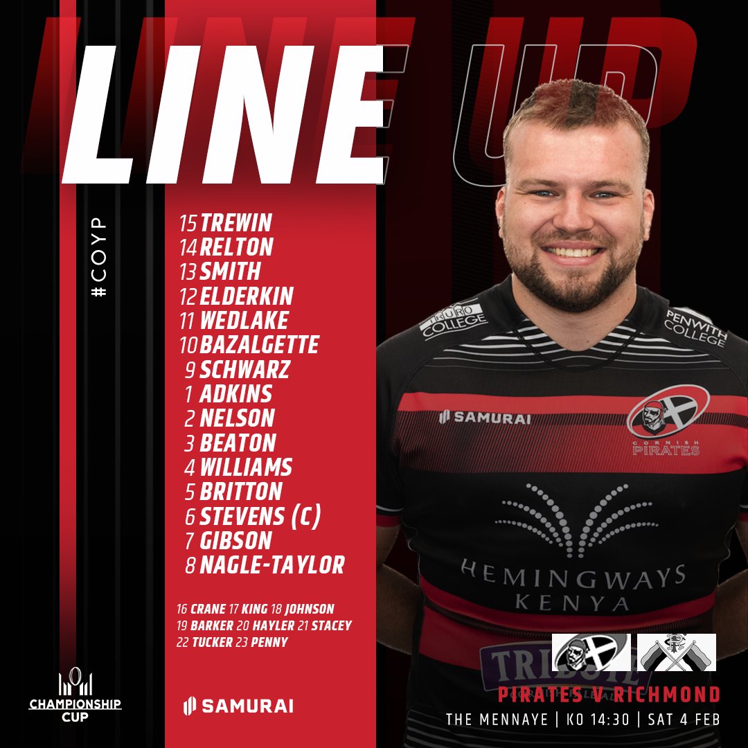 𝙐𝙋 𝙁𝙊𝙍 𝙏𝙃𝙀 𝘾𝙐𝙋 🏆 

First starts for Nelson and Williams. Barker, King and Hayler back in the 23!

🆚 Richmond
🏆 @champrugby Cup
🗓 Sat 4 Feb
📍 The Mennaye
⏰ 2:30pm
📻 Live on <a href="/CornwallSport/">BBC Sport Cornwall</a>  
🎟 Tickets available
📺 Live streamed

cornish-pirates.com/match-previews…

#COYP