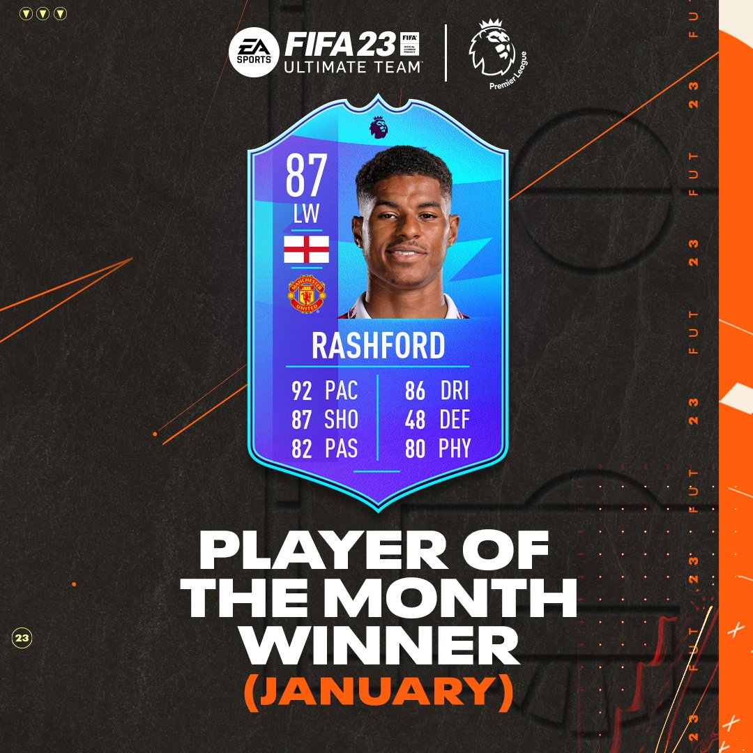 EASPORTSFC's tweet photo. For the second time this season 👏

Marcus Rashford is your @premierleague #POTM for January 🔥

#FIFA23 #FUT https://t.co/v10o674jIk