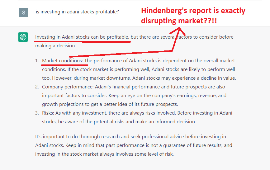 unhappygh0st's tweet photo. It is interesting how #ChatGPT is able to decide some real world challenges and within those findings lies the solution to the said challenges
#HindenburgReport #AdaniEnterprises #Adani https://t.co/BDpFp2hMZq