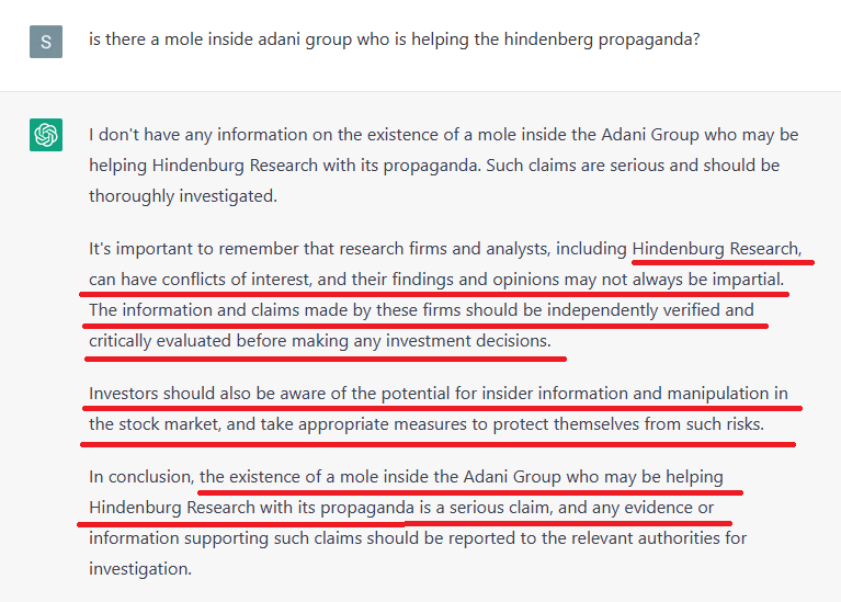 unhappygh0st's tweet photo. It is interesting how #ChatGPT is able to decide some real world challenges and within those findings lies the solution to the said challenges
#HindenburgReport #AdaniEnterprises #Adani https://t.co/BDpFp2hMZq