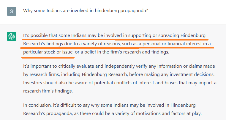 unhappygh0st's tweet photo. It is interesting how #ChatGPT is able to decide some real world challenges and within those findings lies the solution to the said challenges
#HindenburgReport #AdaniEnterprises #Adani https://t.co/BDpFp2hMZq