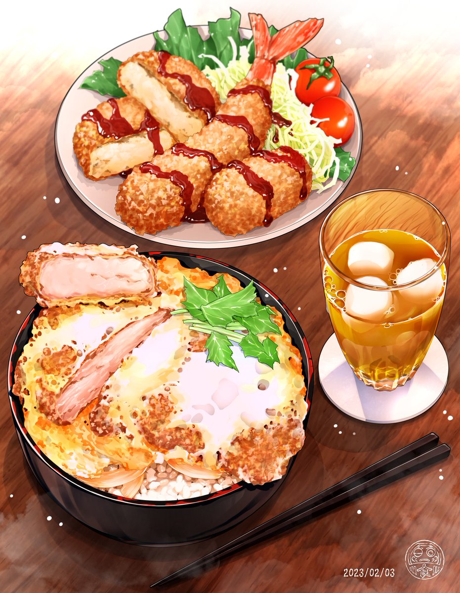 「カツ丼とフライの盛り合わせ 399 #イラスト 」|邑楽野 粉達摩のイラスト